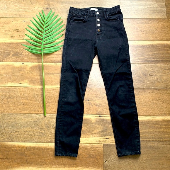 Zara High Rise Button Fly Black Skinny Jeans sz 6
